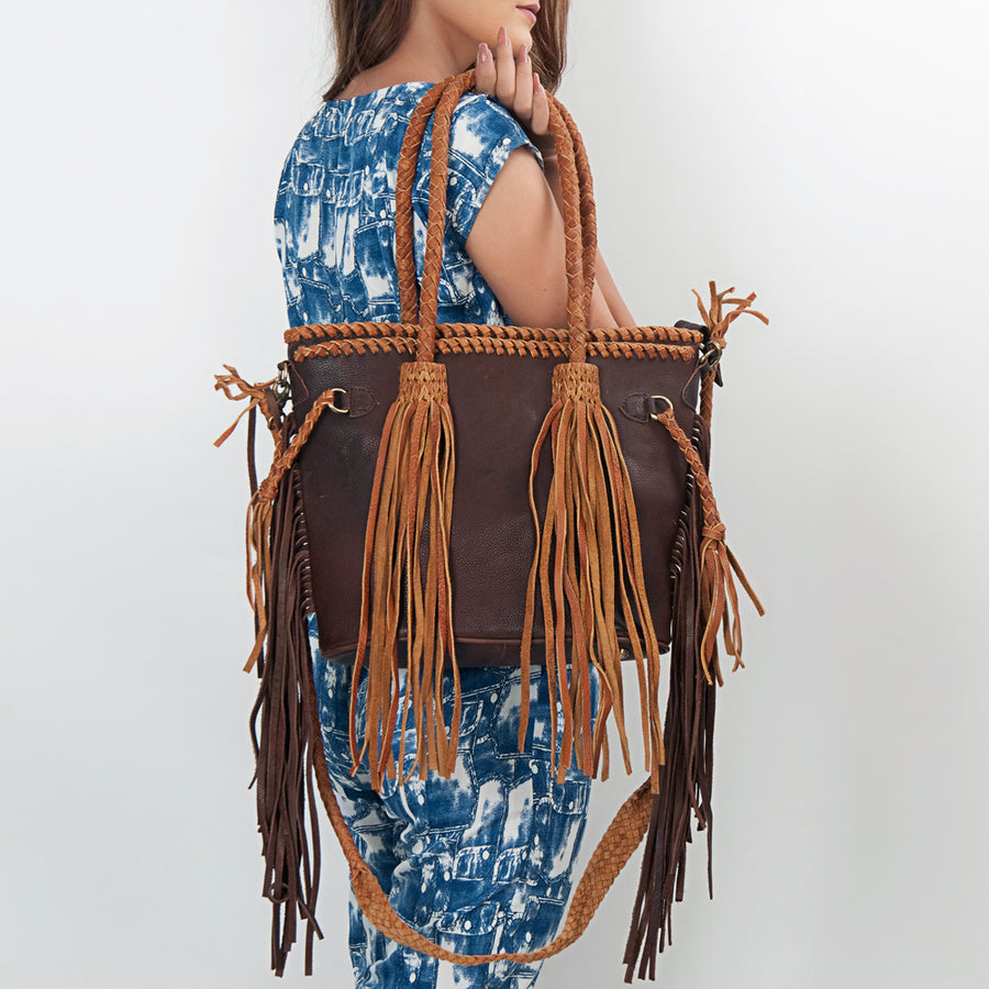 American Darling Tote Bag, Genuine Vegetable-Tanned Leather, Braided Trim with Tassels & Fringes, Western Handbag