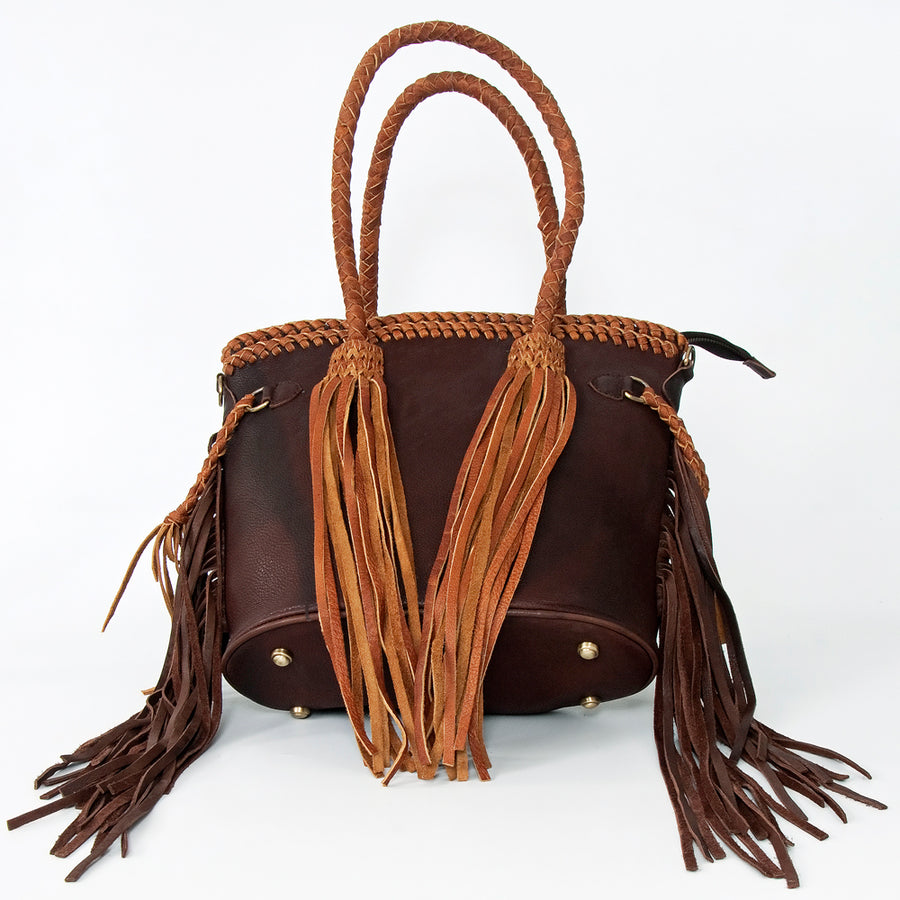 American Darling Tote Bag, Genuine Vegetable-Tanned Leather, Braided Trim with Tassels & Fringes, Western Handbag