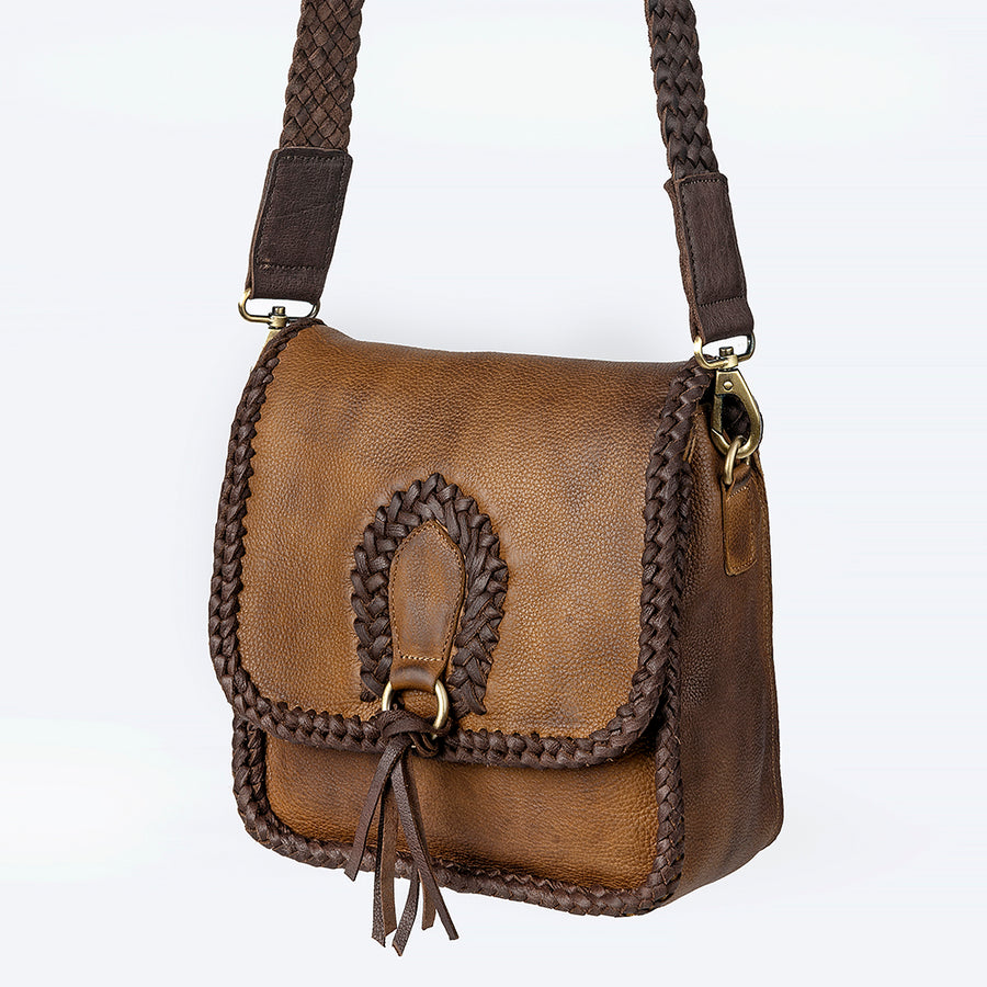 Brown leather shoulder bag with braided trim - Uhorse