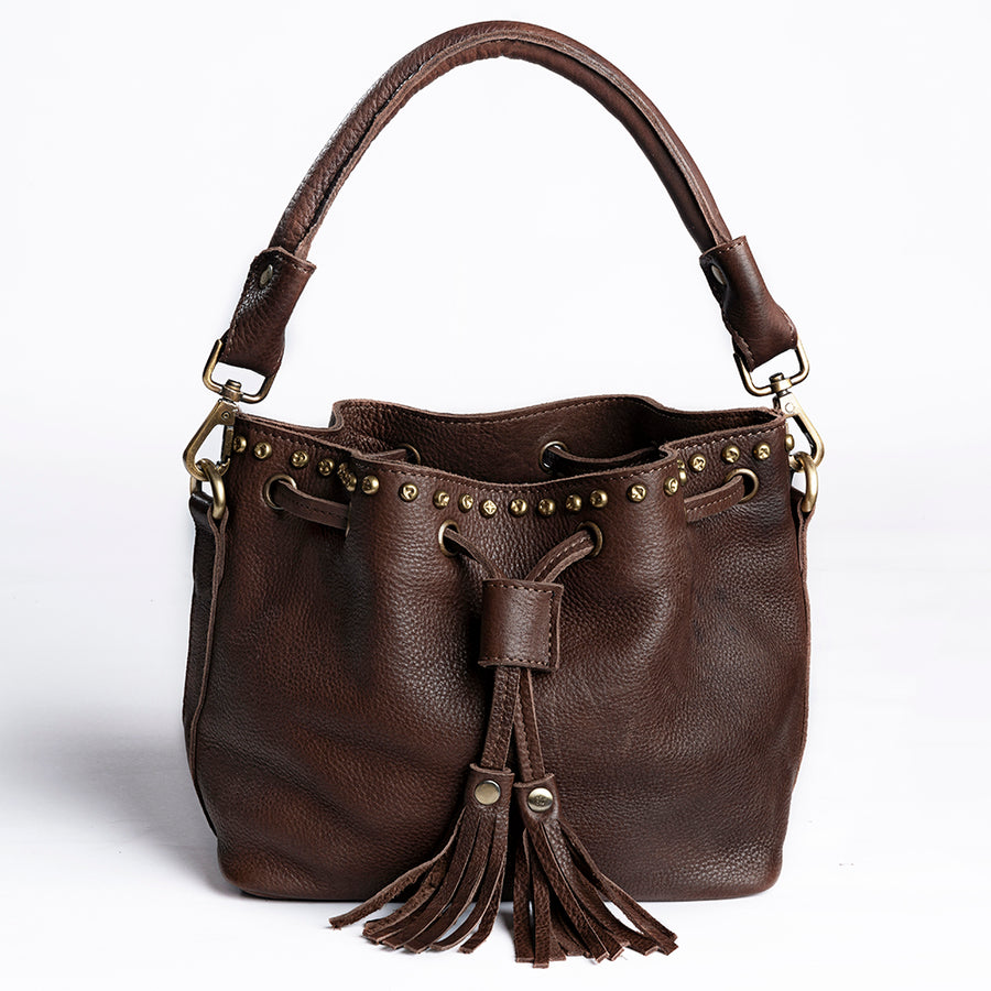 American Darling Bucket Bag, Genuine Vegetable Tanned Full Grain Leather, Rivetted Drawstring Purse, 6.5in X 11in X 4.5in
