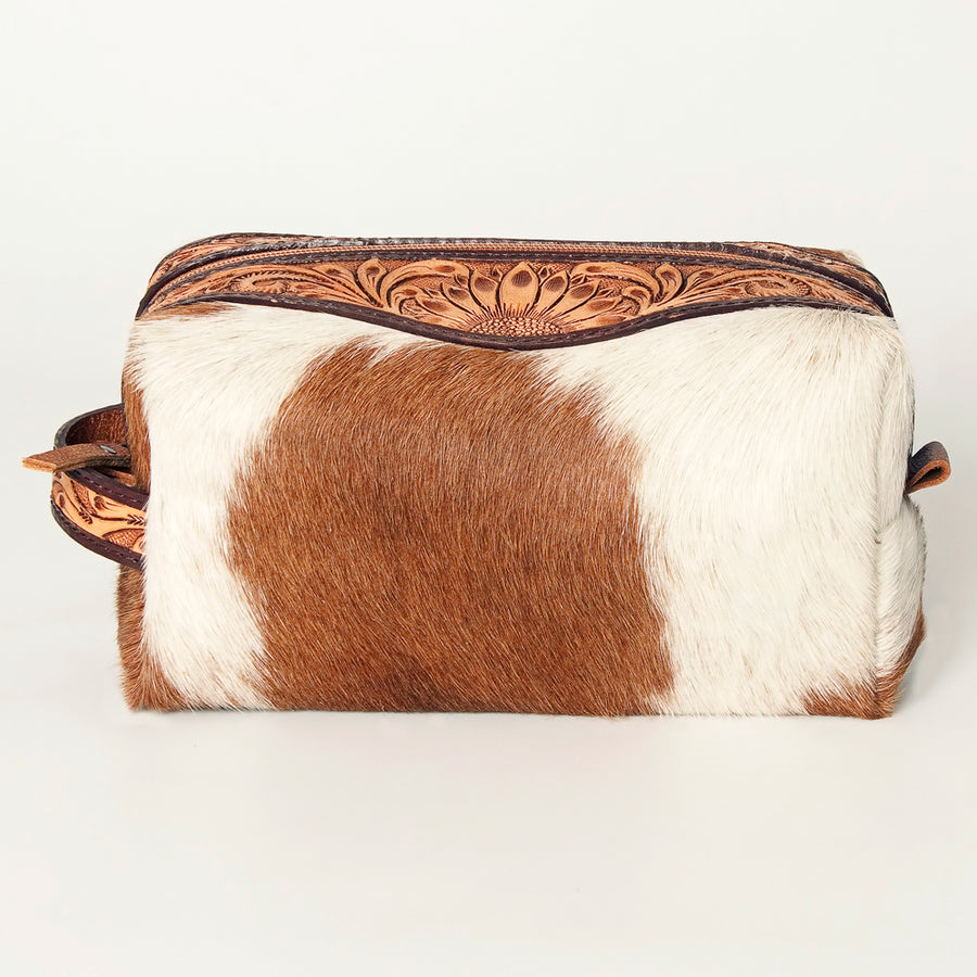 American Darling Toiletry Bag Genuine Leather Hand Tooled Floral Western Travel Kit with Hair-On Cowhide and YKK Zipper