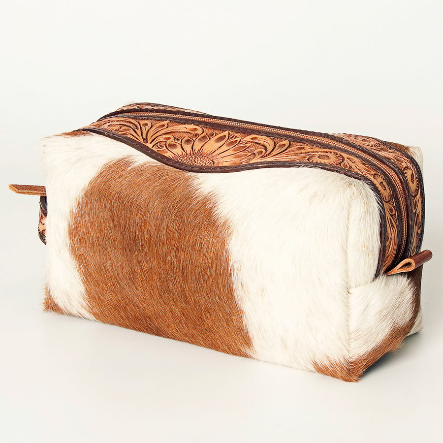 American Darling Toiletry Bag Genuine Leather Hand Tooled Floral Western Travel Kit with Hair-On Cowhide and YKK Zipper
