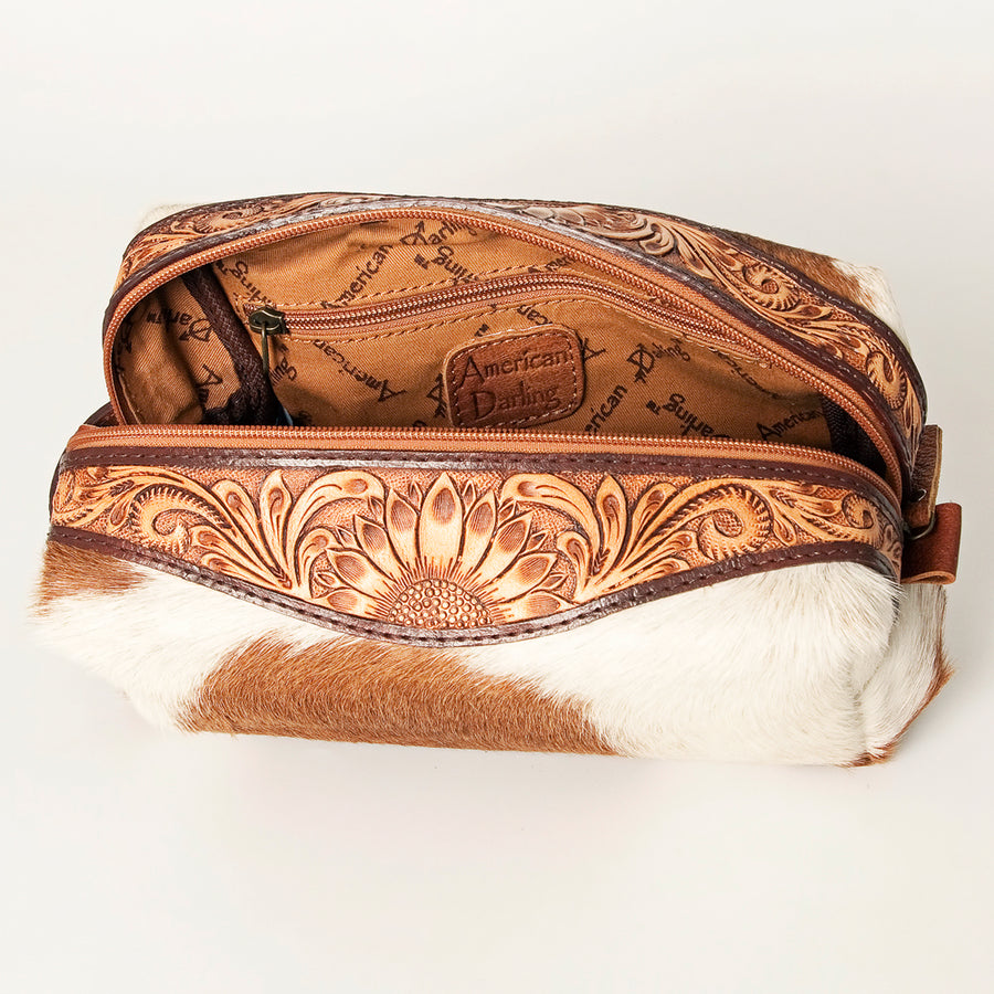 American Darling Toiletry Bag Genuine Leather Hand Tooled Floral Western Travel Kit with Hair-On Cowhide and YKK Zipper
