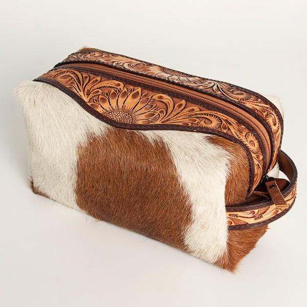 American Darling Hand Tooled Floral Leather Toiletry Bag with Hair-On Cowhide - Uhorse