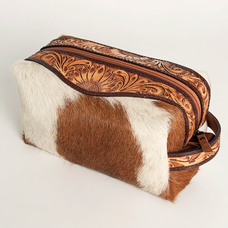American Darling Hand Tooled Floral Leather Toiletry Bag with Hair-On Cowhide - Uhorse