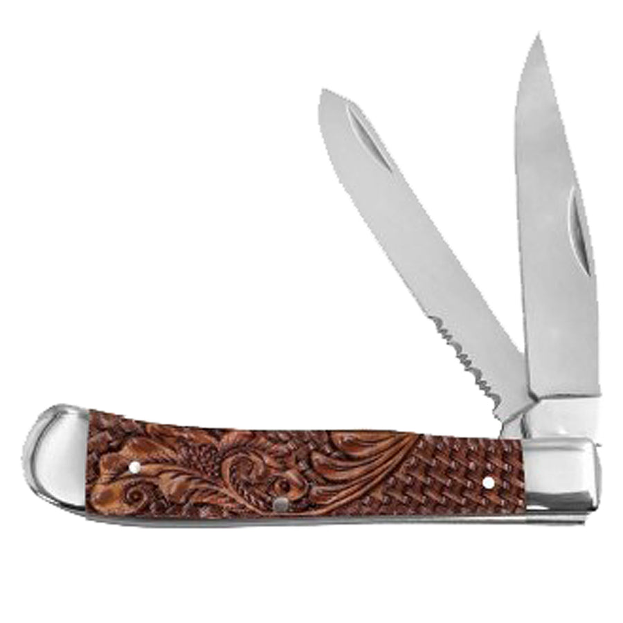 Twisted X Acrylic Trapper Leather Tooled Pocket Knife by Hilason – Cowboy and equestrian accessories