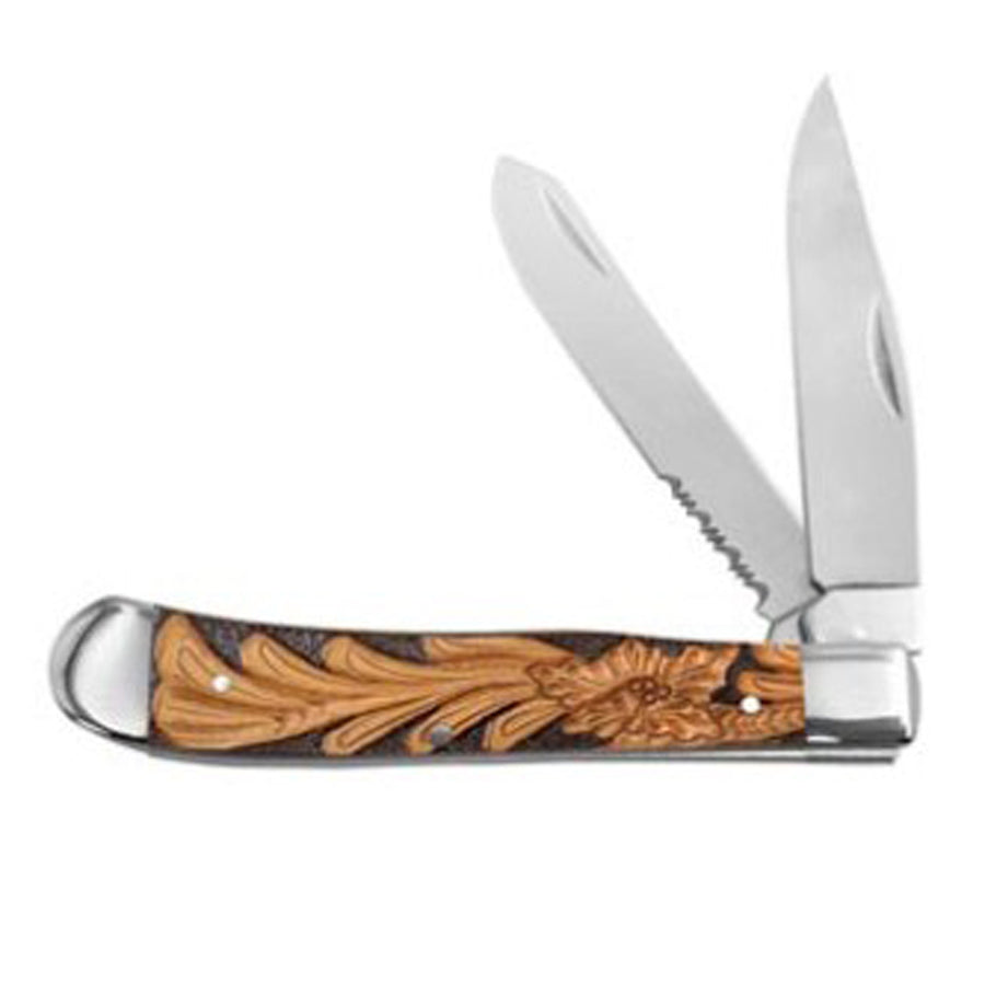 Twisted X Acrylic Trapper Leather Tooled Pocket Knife by Hilason – Cowboy and equestrian accessories