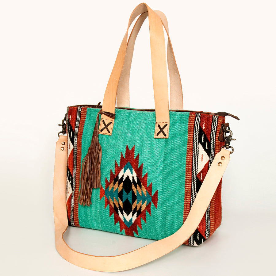 American Darling Hand Woven Saddle Blanket Western Leather Tote Bag - Uhorse