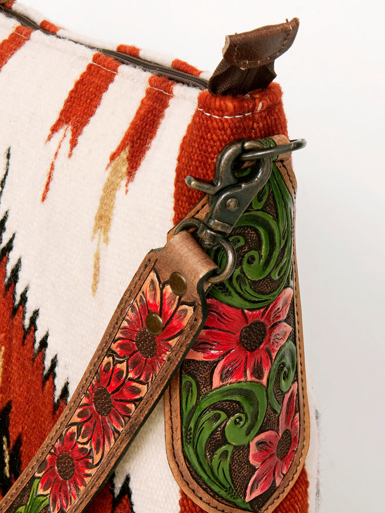 American Darling Cross body Bag Hand Woven Saddle Blanket Hand Tooled Western Leather Purse with Fringes 15in x 15in x 3in