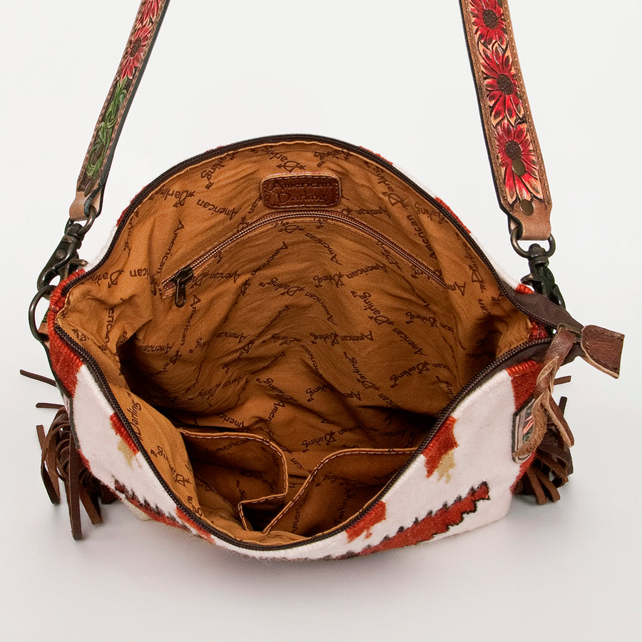 American Darling Cross body Bag Hand Woven Saddle Blanket Hand Tooled Western Leather Purse with Fringes 15in x 15in x 3in