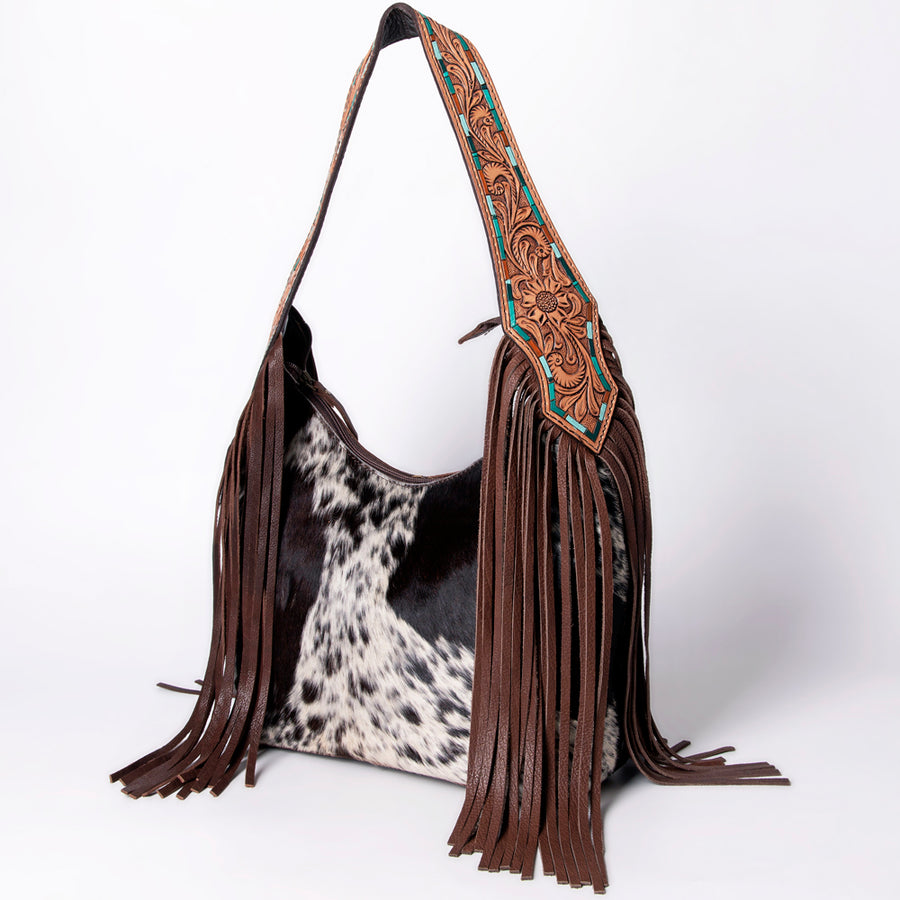 American Darling Hair-On Cowhide and Fringed Hand Tooled Leather Hobo Bag - Uhorse