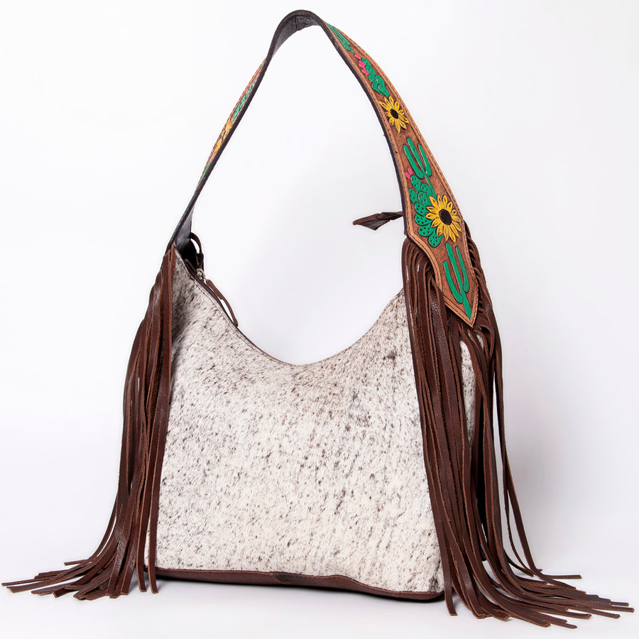 American Darling Hobo Bag for Women - Hair-On Cowhide, Hand Tooled Floral Carved Genuine Leather Shoulder Bag with Fringes