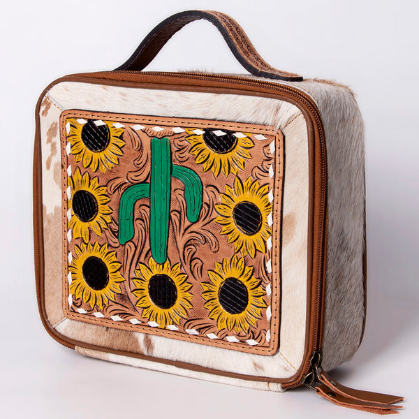 Brown and white cowhide leather toiletry bag with tooled floral design - Uhorse