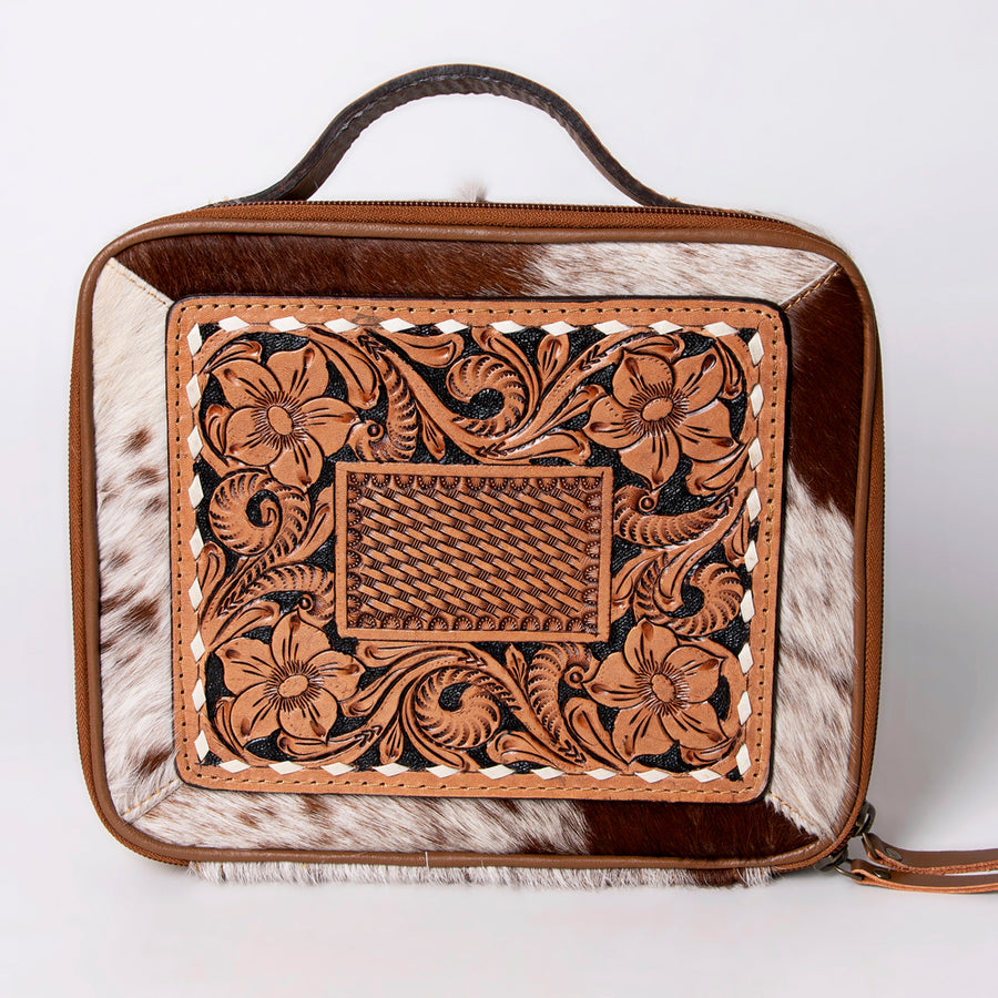 American Darling Jewelry Case for Women - Hair-On Cowhide, Hand Tooled Floral Carved Genuine Leather Travel Organizer
