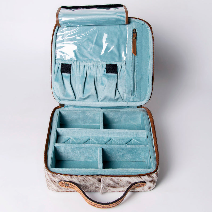 American Darling Jewelry Case for Women - Hair-On Cowhide, Hand Tooled Floral Carved Genuine Leather Travel Organizer