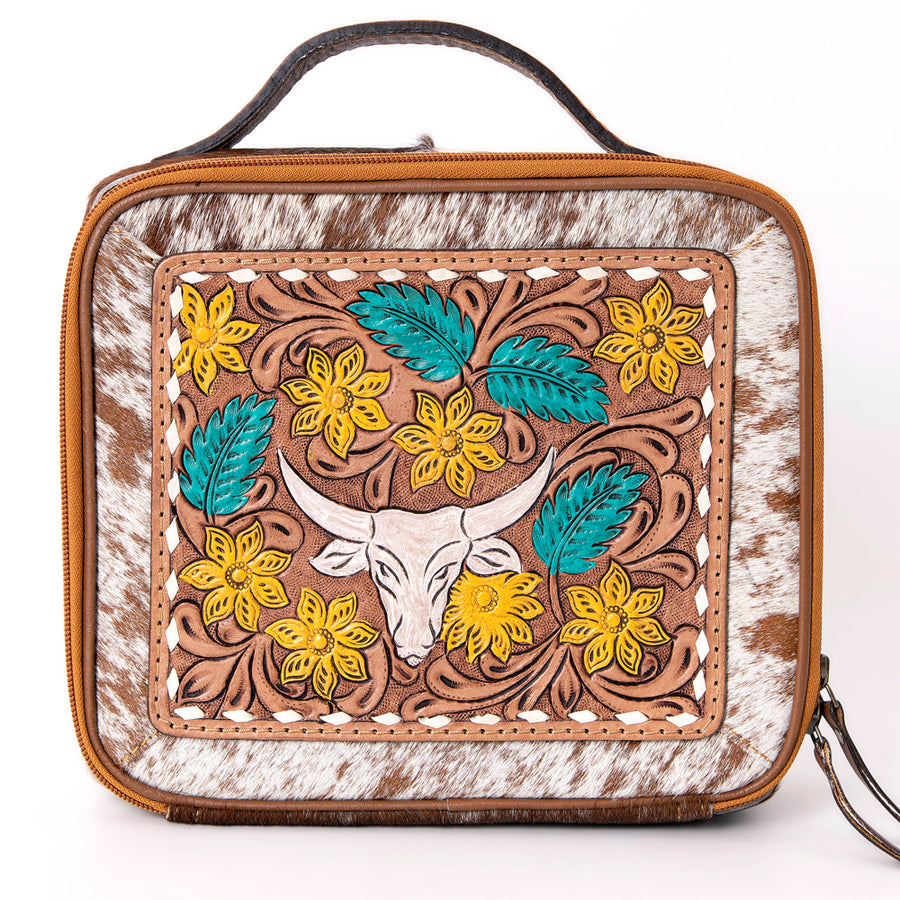 American Darling Jewelry Case for Women - Hair-On Cowhide, Hand Tooled Floral Carved Genuine Leather Travel Organizer