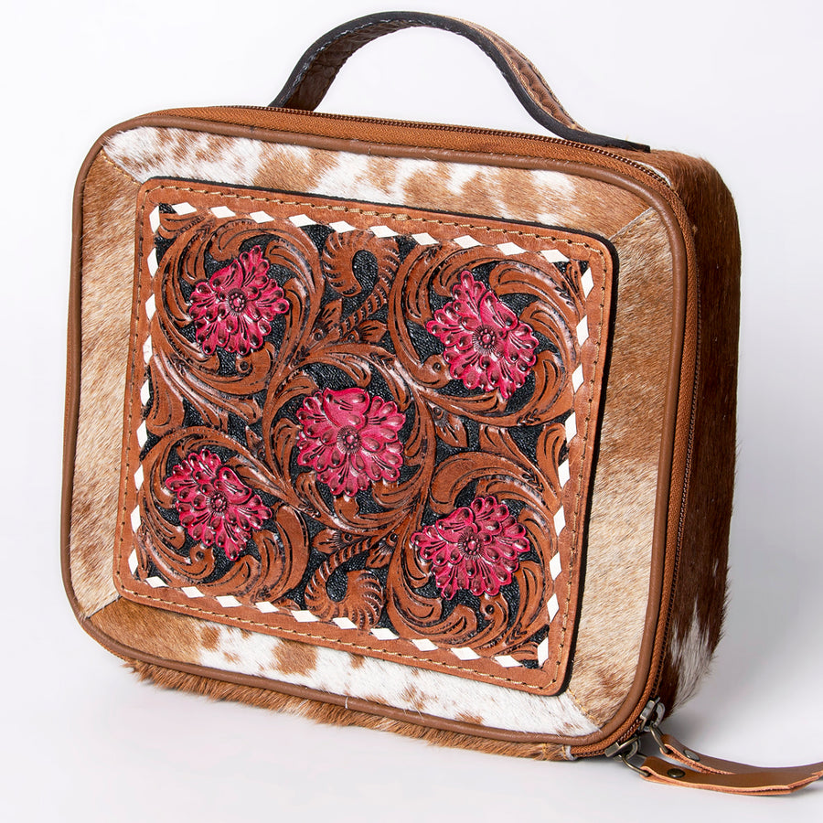 American Darling Jewelry Case for Women - Hair-On Cowhide, Hand Tooled Floral Carved Genuine Leather Travel Organizer