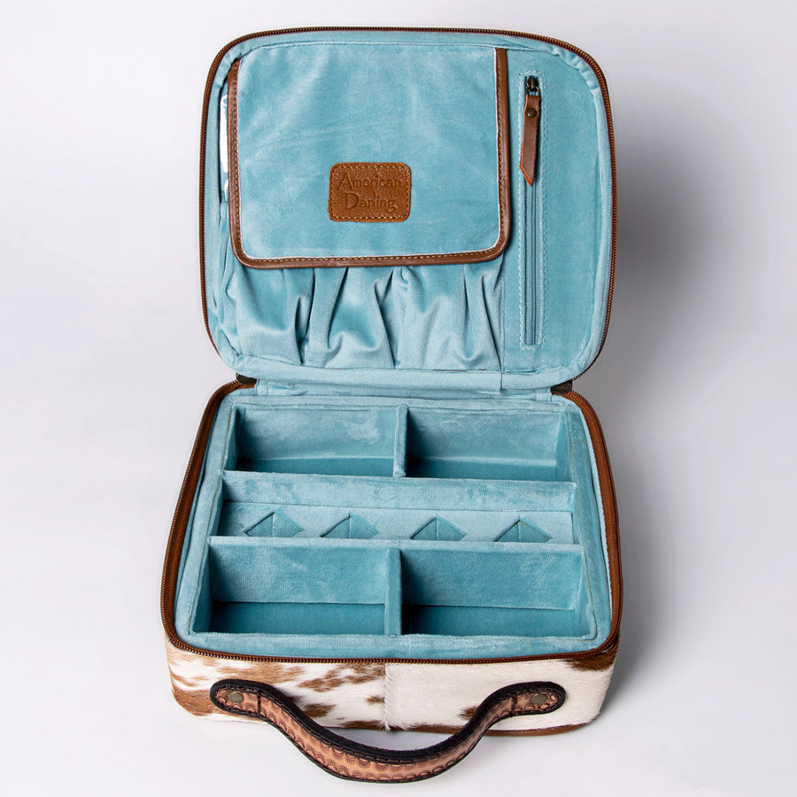 American Darling Jewelry Case for Women - Hair-On Cowhide, Hand Tooled Floral Carved Genuine Leather Travel Organizer