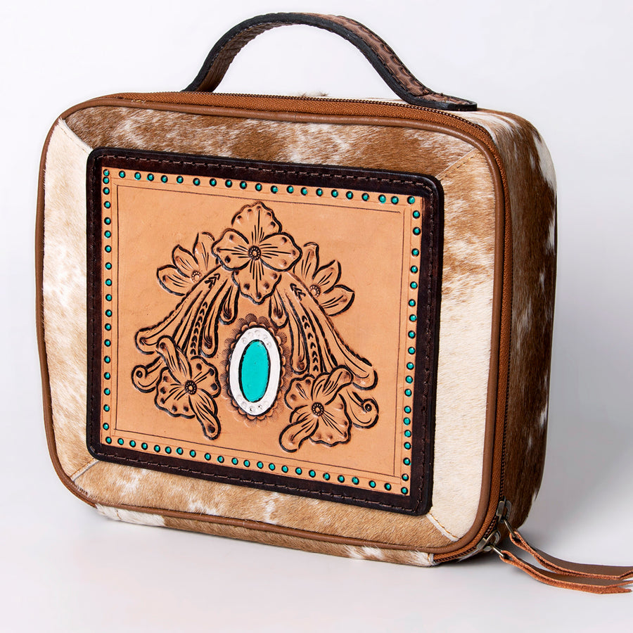 American Darling Western Hand Tooled Leather Hair-On Cowhide Jewelry Case - Uhorse