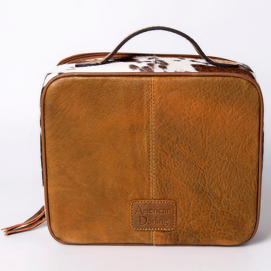 American Darling Jewelry Case for Women - Hair-On Cowhide, Hand Tooled Floral Carved Genuine Leather Travel Organizer