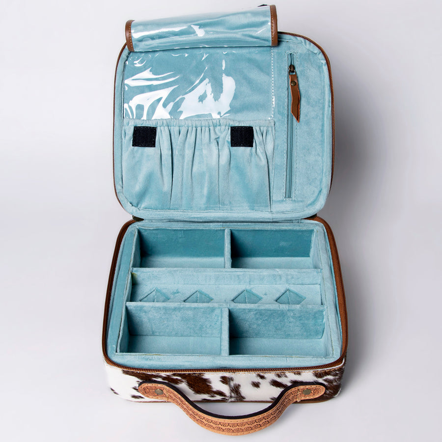 American Darling Jewelry Case for Women - Hair-On Cowhide, Hand Tooled Floral Carved Genuine Leather Travel Organizer