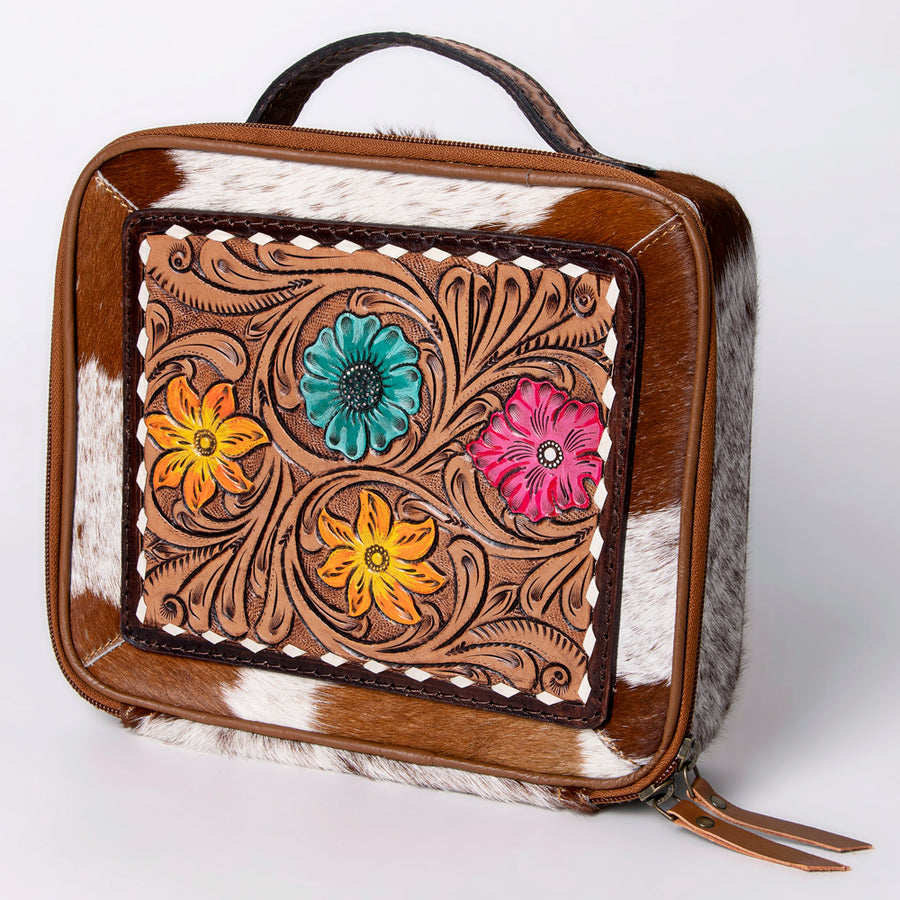 American Darling Jewelry Case for Women - Hair-On Cowhide, Hand Tooled Floral Carved Genuine Leather Travel Organizer