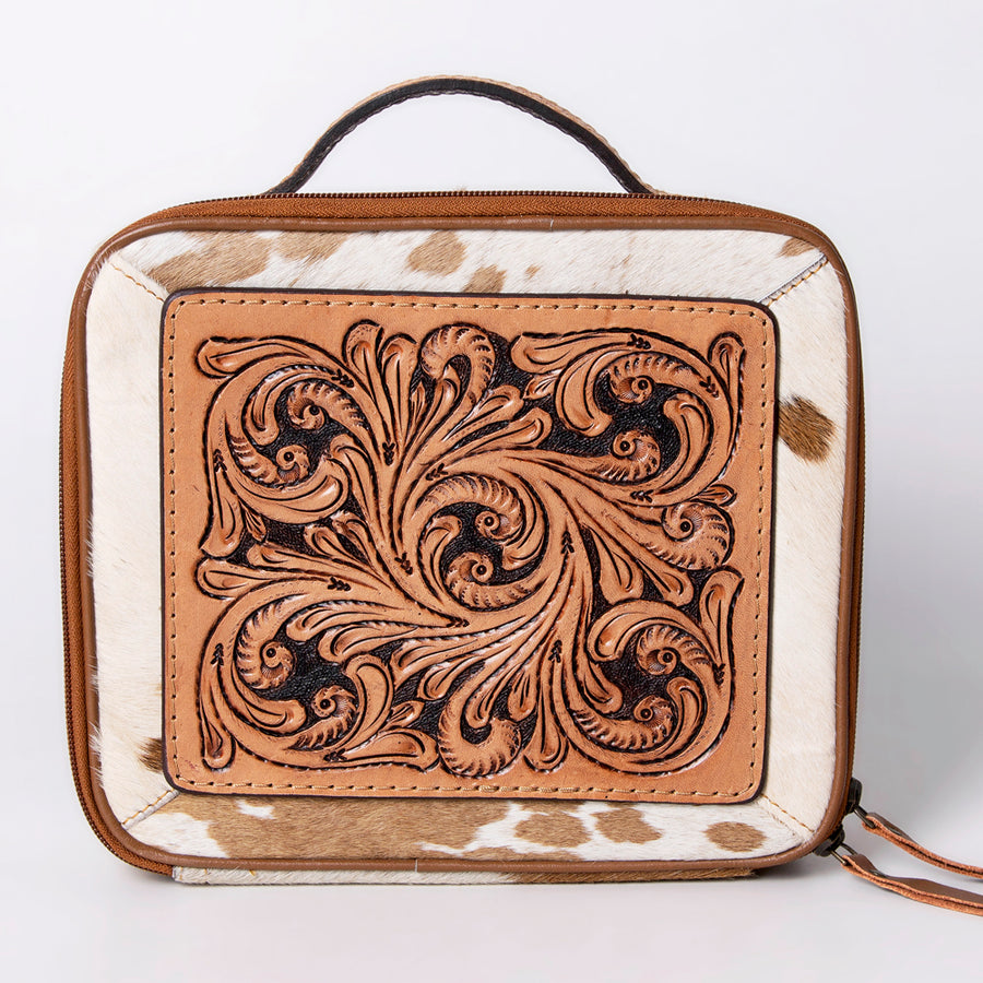 American Darling Jewelry Case for Women - Hair-On Cowhide, Hand Tooled Floral Carved Genuine Leather Travel Organizer