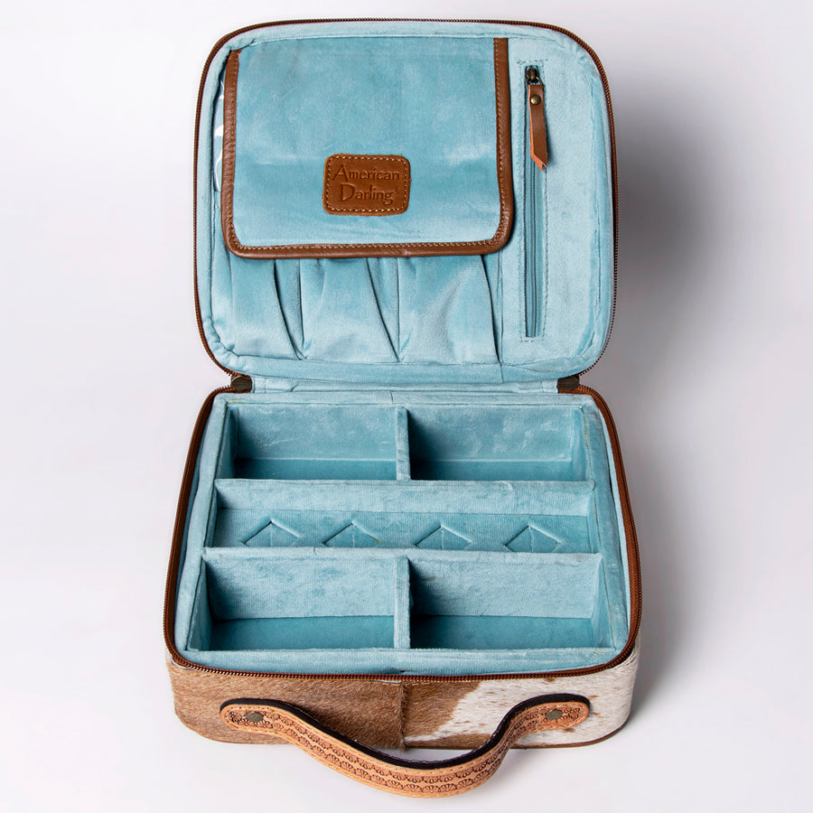 American Darling Jewelry Case for Women - Hair-On Cowhide, Hand Tooled Floral Carved Genuine Leather Travel Organizer