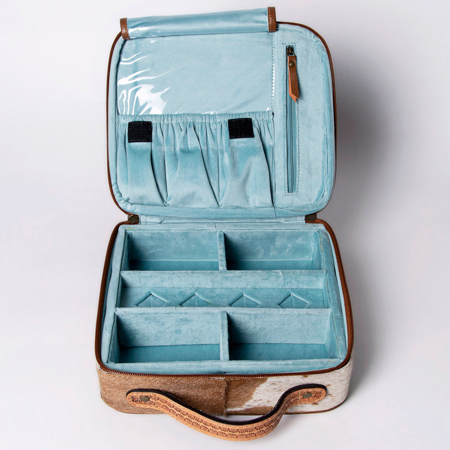 American Darling Jewelry Case for Women - Hair-On Cowhide, Hand Tooled Floral Carved Genuine Leather Travel Organizer