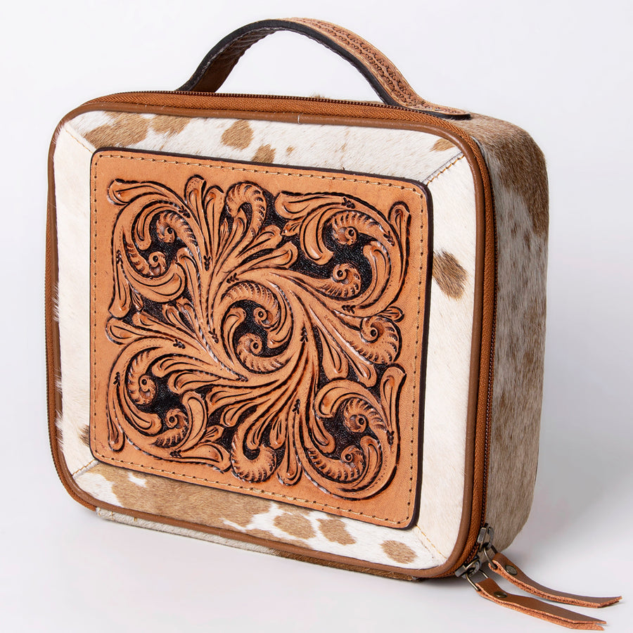 American Darling Western Hand Tooled Leather Hair-On Cowhide Jewelry Case - Uhorse