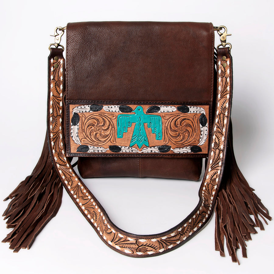 American Darling Messenger Hand Tooled Floral Carved Genuine Leather with Fringes Buck Stitched Western Accessories