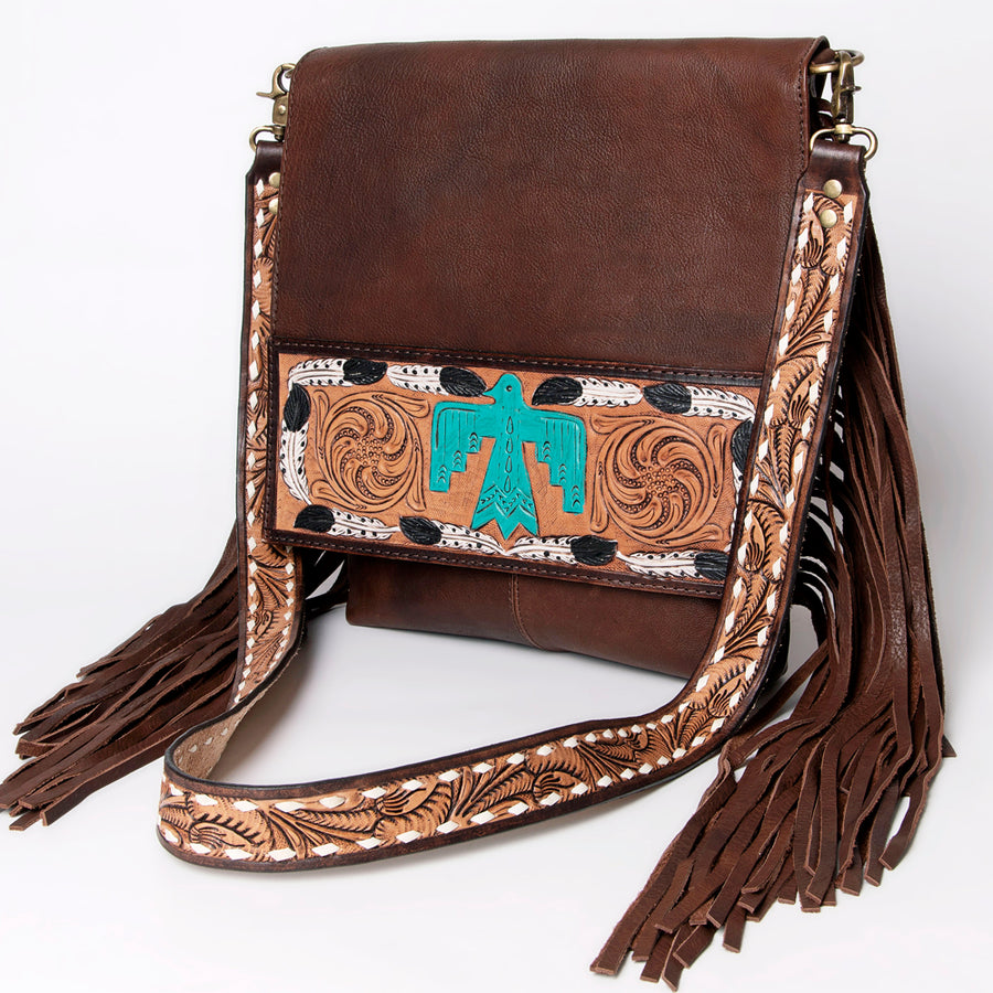 American Darling Hand Tooled Floral Carved Genuine Leather Messenger Bag - Uhorse