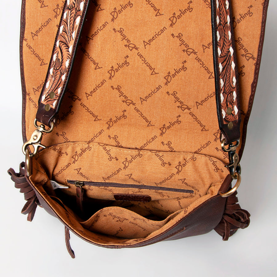 American Darling Messenger Hand Tooled Floral Carved Genuine Leather with Fringes Buck Stitched Western Accessories