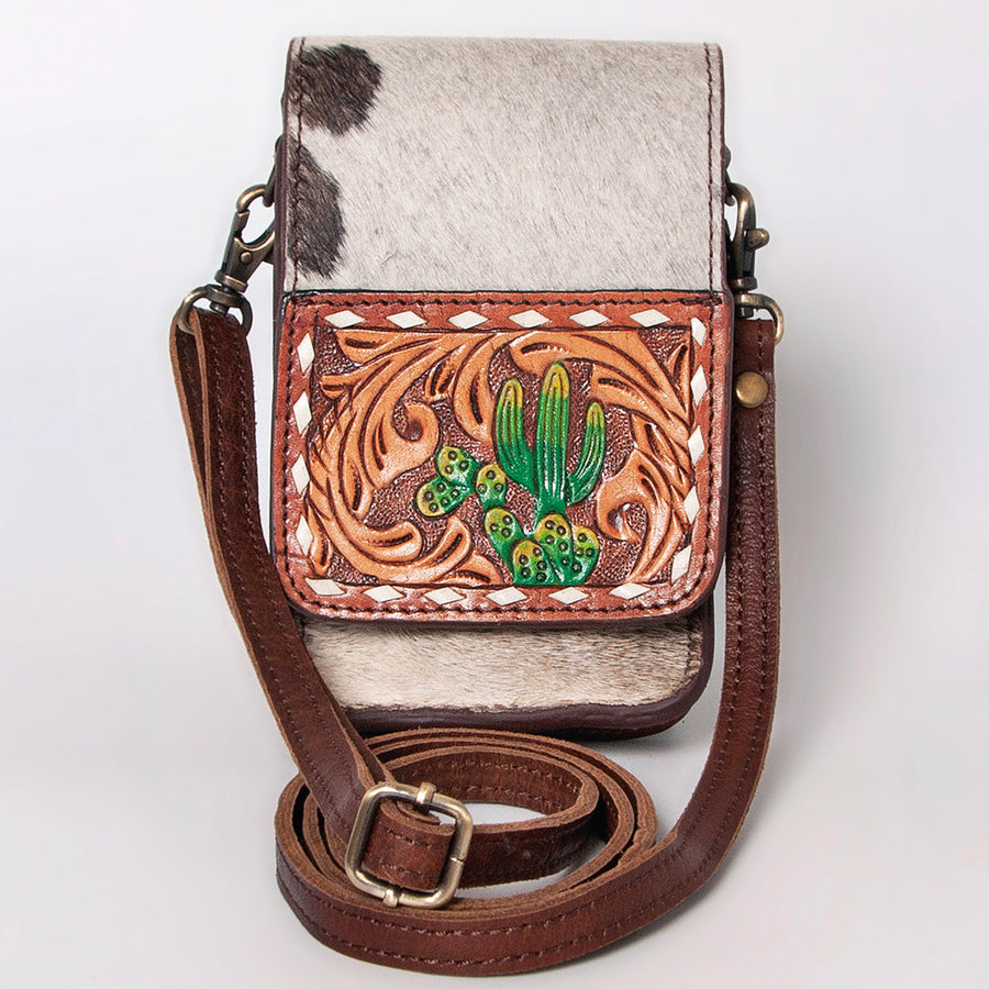 American Darling Cell Phone Holder, Hand Tooled Floral Cactus Leather, Hair-On Cowhide, Western Crossbody Phone Purse