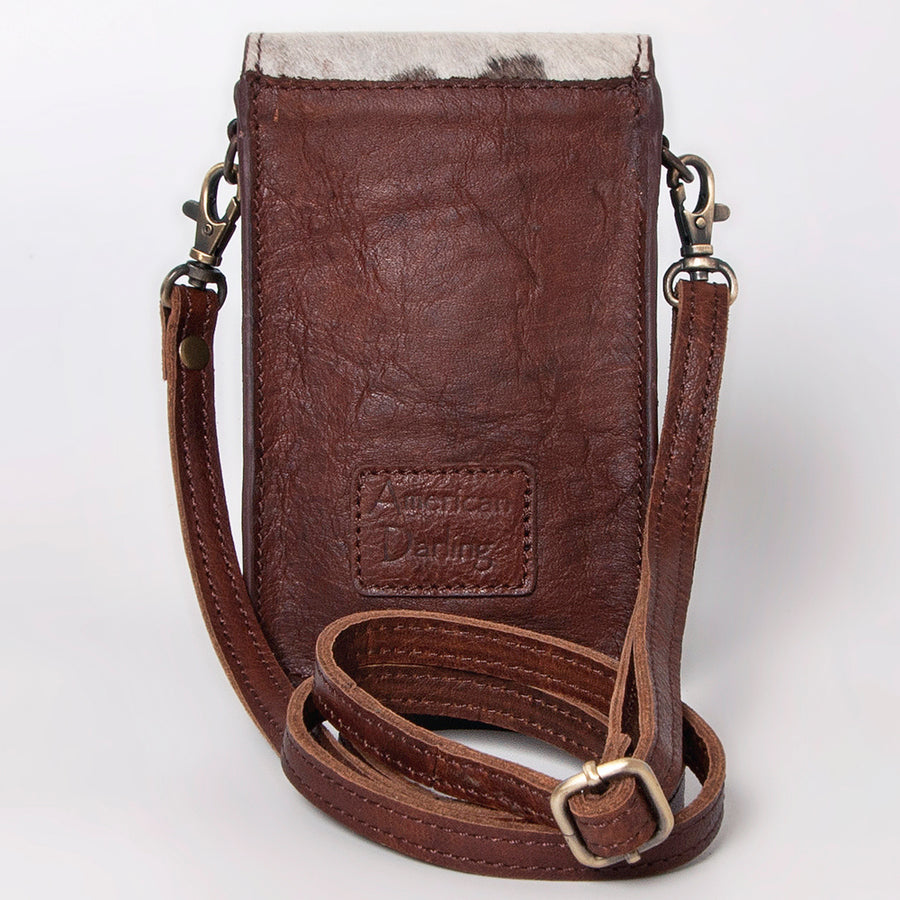 American Darling Cell Phone Holder, Hand Tooled Floral Cactus Leather, Hair-On Cowhide, Western Crossbody Phone Purse