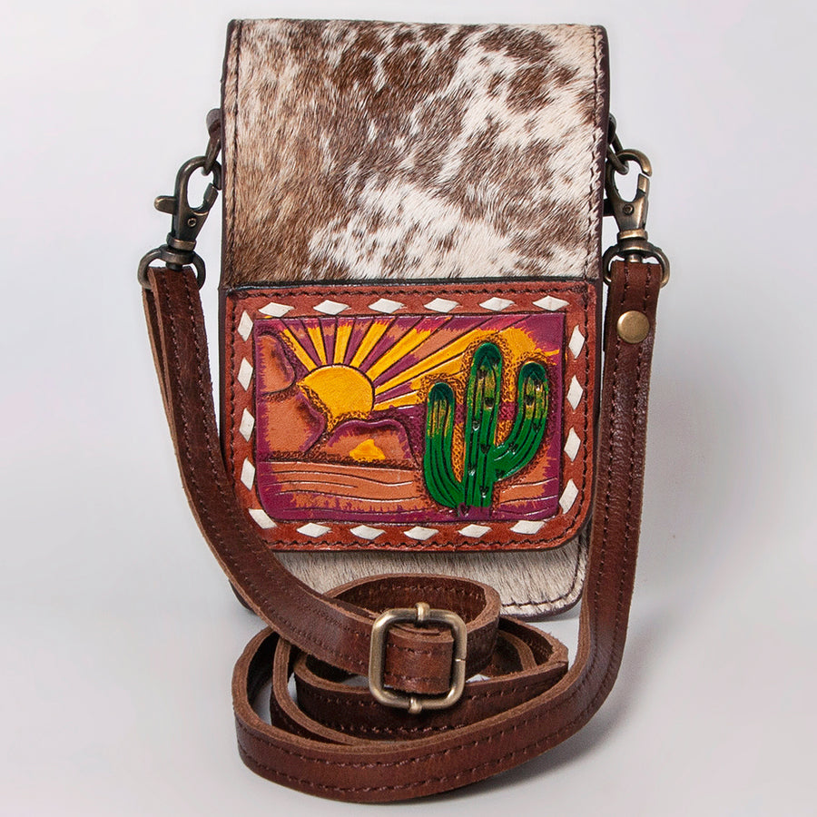 American Darling Cell Phone Holder, Hand Tooled Floral Cactus Leather, Hair-On Cowhide, Western Crossbody Phone Purse