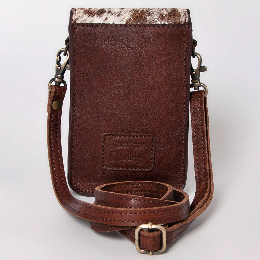 American Darling Cell Phone Holder, Hand Tooled Floral Cactus Leather, Hair-On Cowhide, Western Crossbody Phone Purse