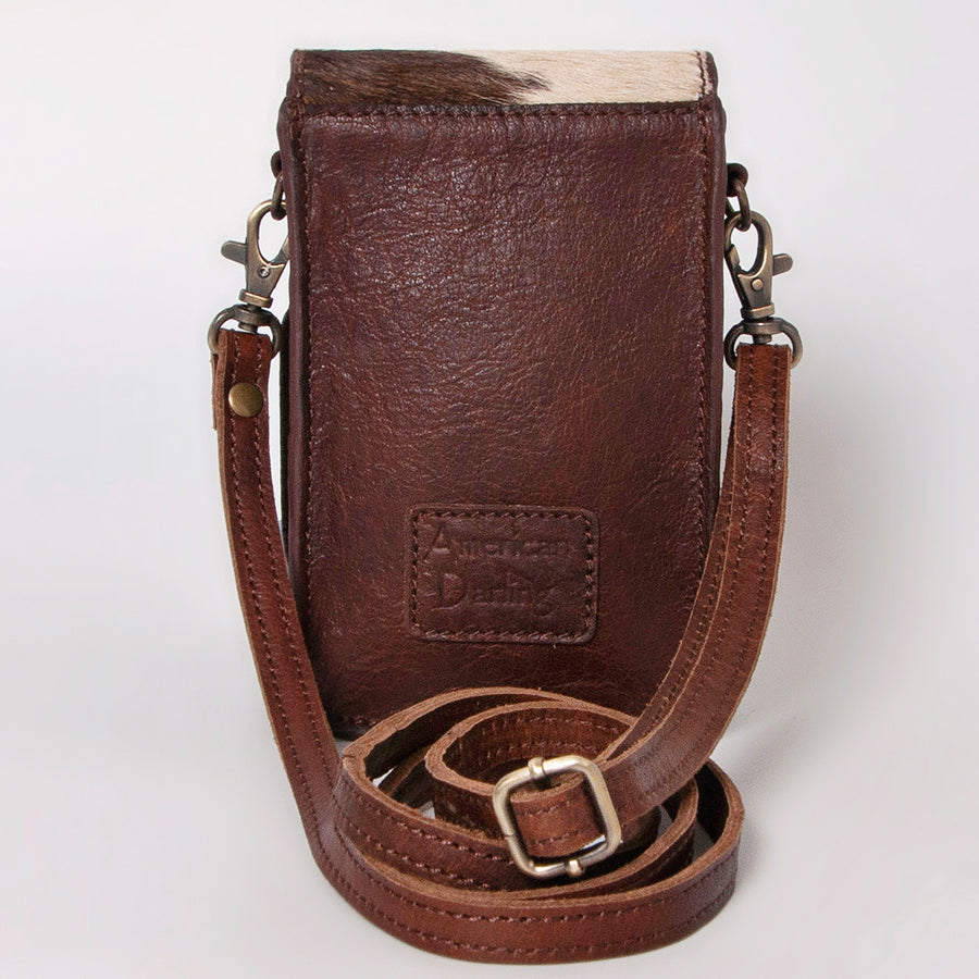 American Darling Cell Phone Holder, Hand Tooled Floral Cactus Leather, Hair-On Cowhide, Western Crossbody Phone Purse