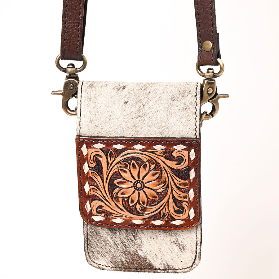 American Darling Cell phone Holder, Hand Tooled Floral Leather, Hair-On Cowhide, Western Crossbody Phone Purse for Women