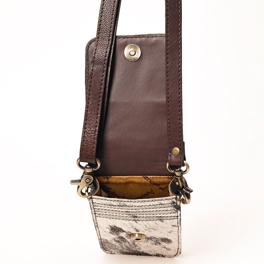 American Darling Cell phone Holder, Hand Tooled Floral Leather, Hair-On Cowhide, Western Crossbody Phone Purse for Women