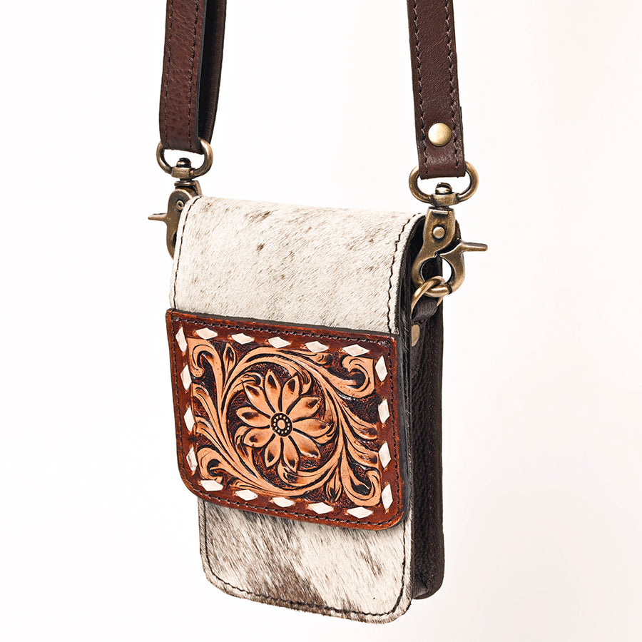 American Darling Western Leather Cell phone Holder - Hand Tooled Floral Cowhide Purse - Uhorse