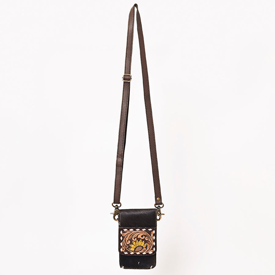 American Darling Cell phone Holder, Hand Tooled Floral Leather, Hair-On Cowhide, Western Crossbody Phone Purse for Women