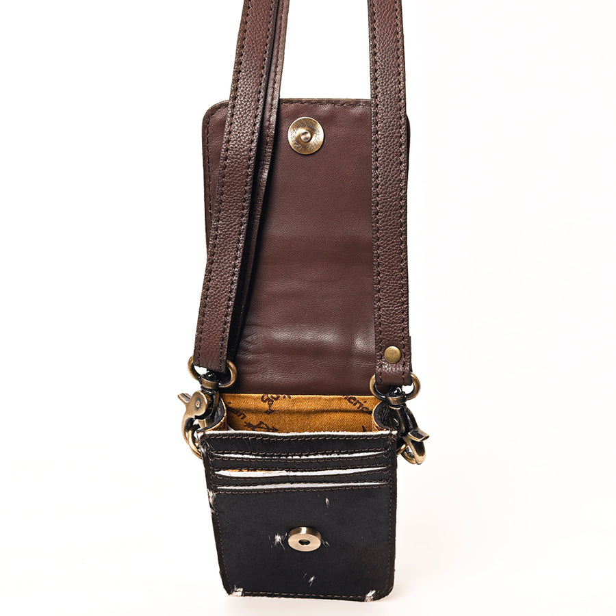 American Darling Cell phone Holder, Hand Tooled Floral Leather, Hair-On Cowhide, Western Crossbody Phone Purse for Women