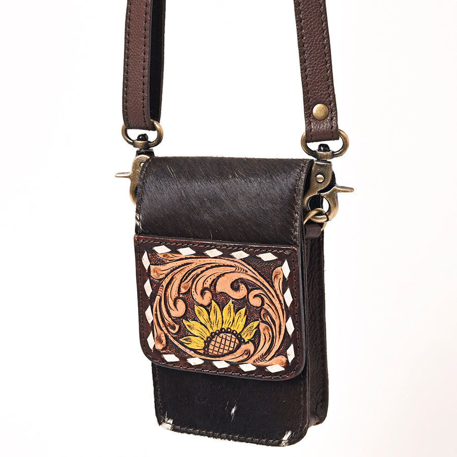 American Darling Western Leather Cell phone Holder - Hand Tooled Floral Cowhide Purse - Uhorse