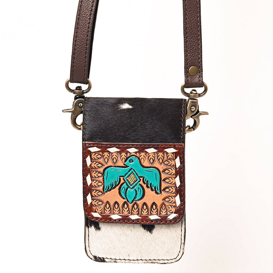 American Darling Cell phone Holder, Hand Tooled Floral Leather, Hair-On Cowhide, Western Crossbody Phone Purse for Women