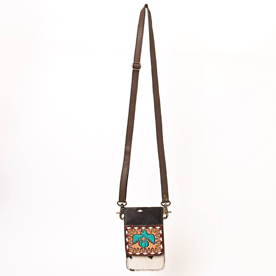 American Darling Cell phone Holder, Hand Tooled Floral Leather, Hair-On Cowhide, Western Crossbody Phone Purse for Women