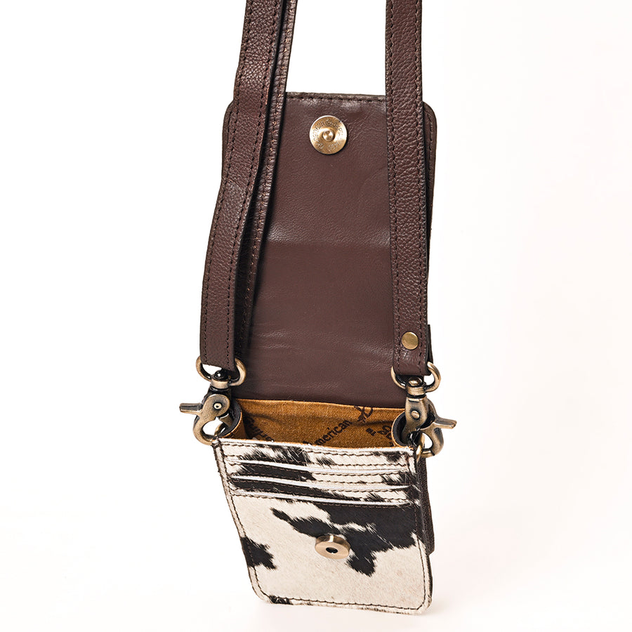 American Darling Cell phone Holder, Hand Tooled Floral Leather, Hair-On Cowhide, Western Crossbody Phone Purse for Women