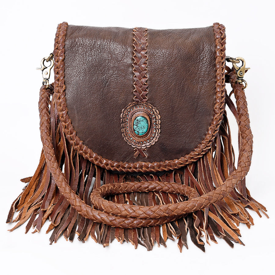 American Darling Messenger Bag Western Genuine Leather Handcrafted Purse with Fringes, Braided Strap and Turquoise Stone