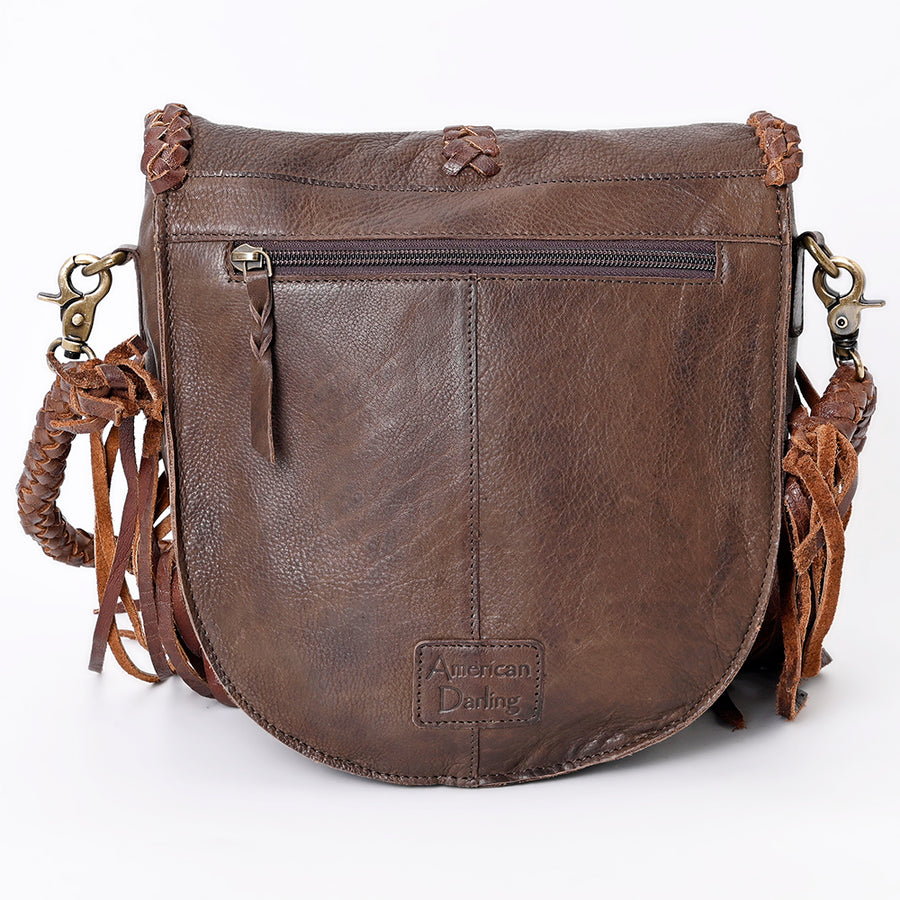 American Darling Messenger Bag Western Genuine Leather Handcrafted Purse with Fringes, Braided Strap and Turquoise Stone