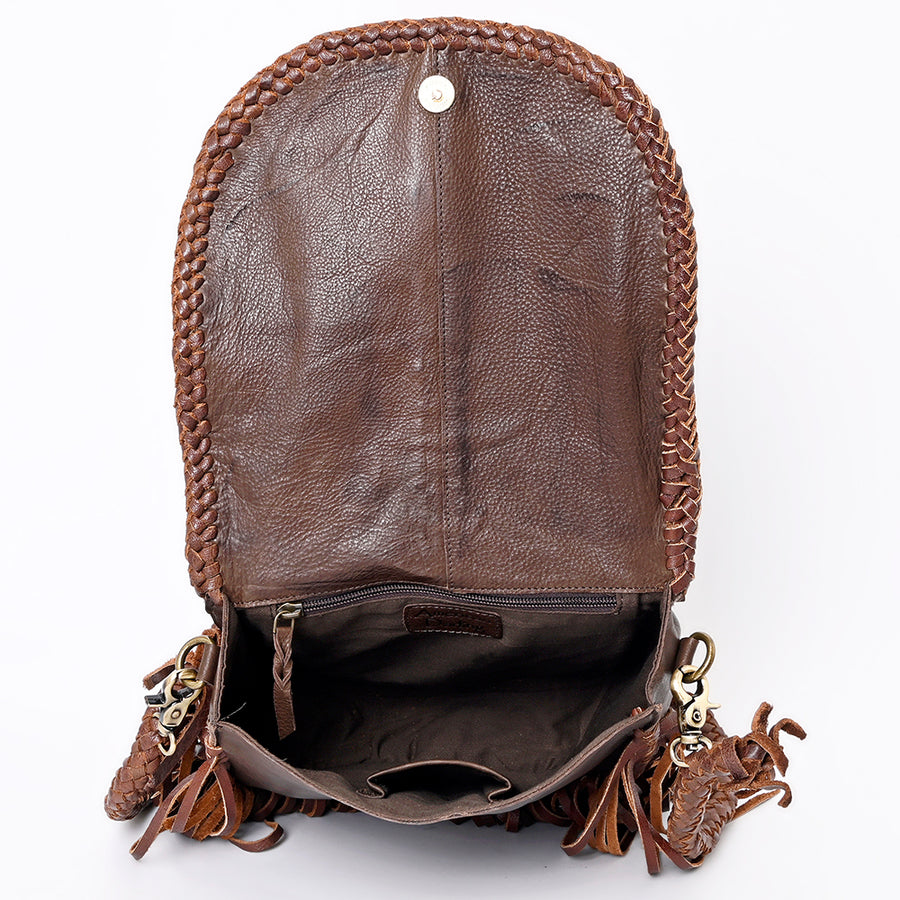 American Darling Messenger Bag Western Genuine Leather Handcrafted Purse with Fringes, Braided Strap and Turquoise Stone